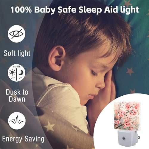 Image of Cherry Blossom Tree Night Light Plug into Wall,Pink Watercolor Cherry Blossom Flowers Dusk to Dawn Night Light Plug in,0.5w Energy Saving NightLight for Kids Boys Girls Home Decor