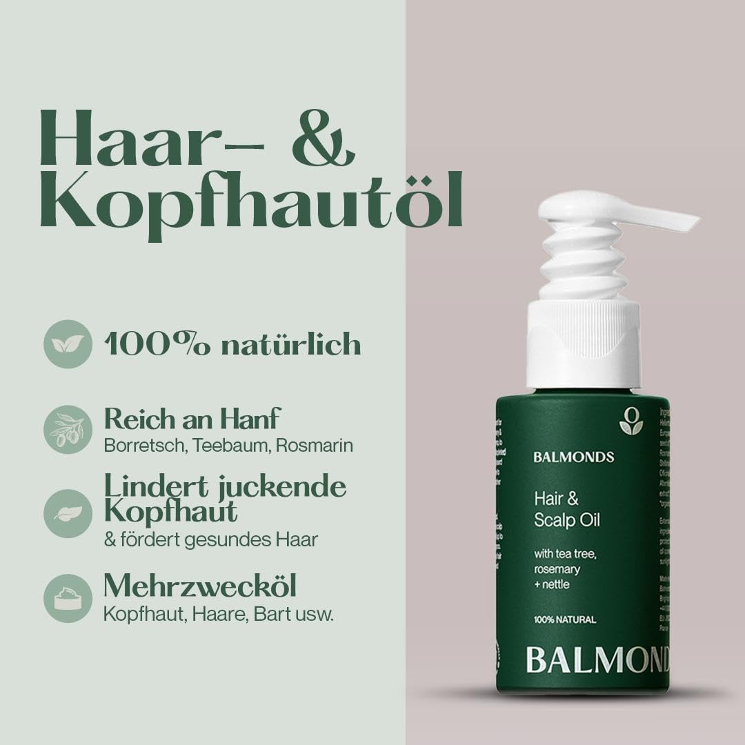 Balmonds Haar & Kopfhaut Haaröl 50 ml | Mit Rosmarinöl, Teebaumöl & Ätherischen Ölen | 100% Natürlich & Vegan | Pflegendes Haaröl für Trockene, Schuppige Kopfhaut | Auch bei Psoriasis & Ekzem