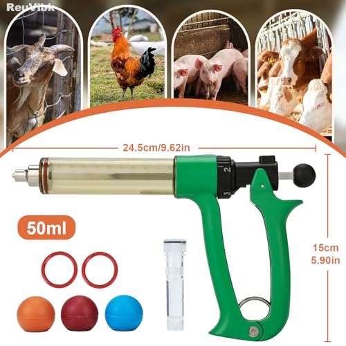 Image of 50ml Semi-Auto Repeating Livestock Syringe Gun, 5 Dose Settings | Ergonomic Grip, Clear Barrel & Luer Lock, Vet Injector for Cattle, Horses, Goats, Sheep & Pigs