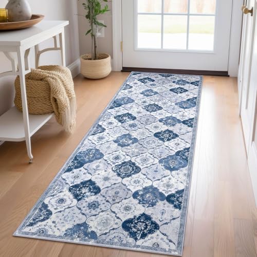 KILOCOCO 2x6 Runner Rug, Moroccan Super Soft Washable Hallway Entryway Runner Rug, Accent Print Faux Wool Kitchen Runner Rug 6 Feet Non-Slip Boho Rug Runner for Laundry Room Bedroom, Blue/Grey/Multi