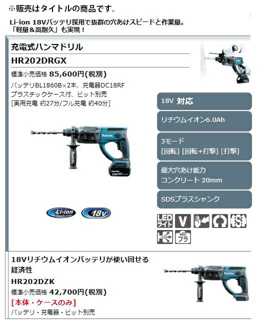 Amazon | マキタ(Makita) 20ミリ充電式ハンマドリル 18V6Ah バッテリ 
