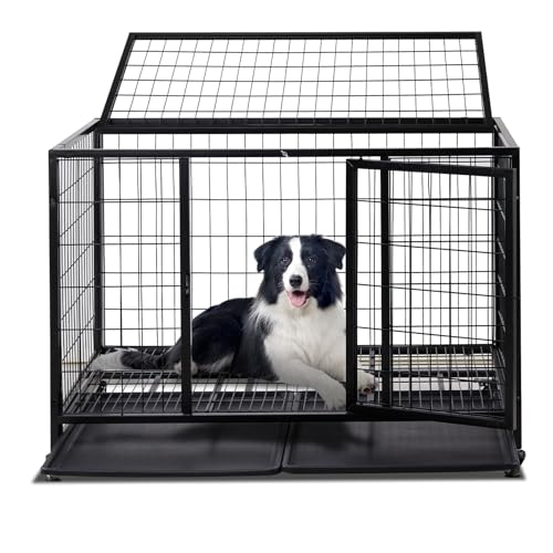 TactFire Hundekäfig hochbelastbar, Mobile Hundebox – 109x76x87 cm, 2 Türen, feststellbare Räder, herausnehmbares Tablett – Für Mittelgroße/Große Hunde – Schwarz TactFire Hundekäfig hochbelastbar, Mobile Hundebox – 109x76x87 cm, 2 Türen, feststellbare Räder, herausnehmbares Tablett – Für Mittelgroße/Große Hunde – Schwarz