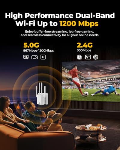 Image of Whole Home WiFi Extender with 4 Rotatable Antennas & Ethernet Port, Dual Band 5GHz /2.4GHz WiFi Extender Signal Booster, WiFi Booster for 105 Devices