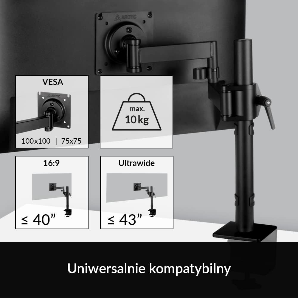 Arctic X1 - Monitor arm for one Monitor, Monitor Stand for up to 40"/43" Ultrawide, up to 10 kg/22 Ibs, Tiltable, Swivelable, Height Adjustable, VESA 75x75/100x100 - Black