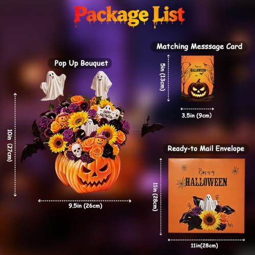 Musical Halloween Card with Lights, 3D Pop Up Pumpkin Bouquet Decoration | Pull Out Interactive ghost and bat, 10 In Pumpkin Bouquet, Bonus Envelope & Note Card, Greeting Cards for Kid Friend Family - image 8