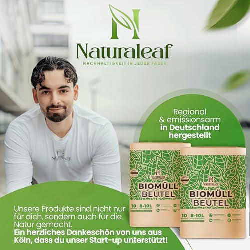 NATURALEAF® Biomüllbeutel 10L | 40 Stück | Bio Müllbeutel mit optimaler Stärke & Haltbarkeit | Kompostierbare Müllbeutel - die nachhaltige Entsorgungslösung für Gastronomie & Haushalt