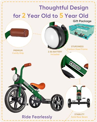 Image of KRIDDO Kids Tricycles Age 2 Years to 5 Years, 12 Inch Puncture Free Rubber Wheel w Front Light, Adjustable Seat Height, Gift Toddler Tricycles for 2-5 Year Olds, Trikes for Toddlers, Green