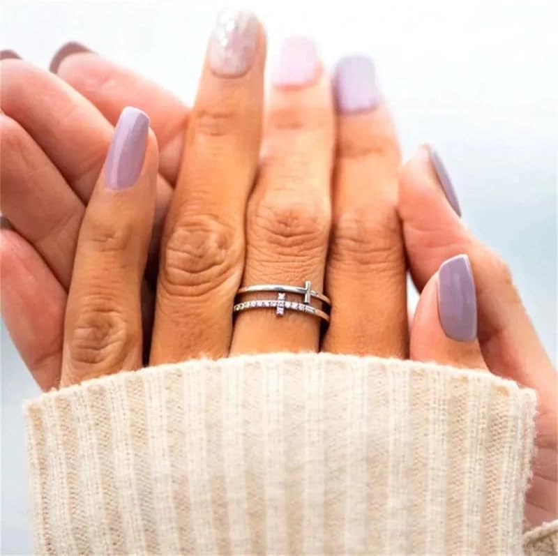 Double Cross Ring 18k Gold Plated 925 Sterling Silver Cubic Zirconia Simple Plain Stackable Statement Promise Rings Inspiration Christian Ring Faith Hope Love Cross Religious Ring Gift (Silver 7#) - Image 6