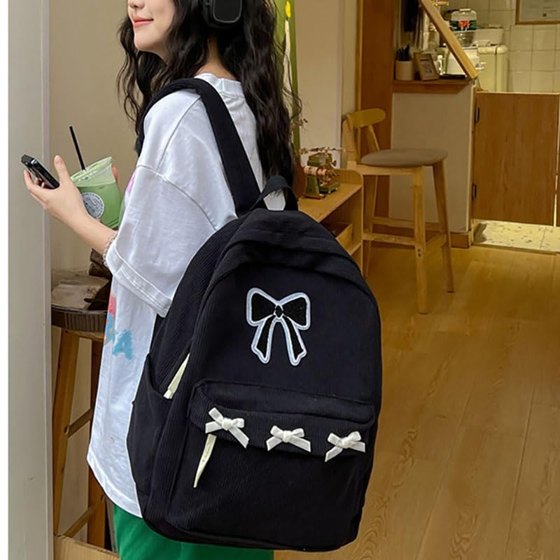 Women Preppy Y2k Aesthetic Corduroy Backpack Kawaii Laptop Backpack Cute Coquette Bow Harajuku College Daypack (Black Bow)3