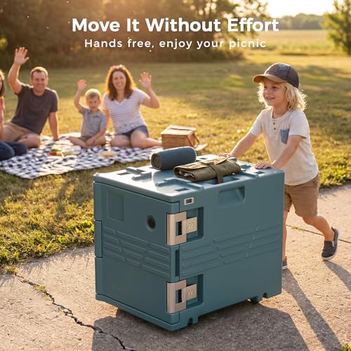 Image of CAMMOO Blue 82QT Non-Electric Hot Box Food Warmer with Wheels, 304 Stainless Steel Latch, Insulated Food Carrier for 5 Full-Size Pans(NOT Included), Food Warmer Box Hot Boxes for Catering