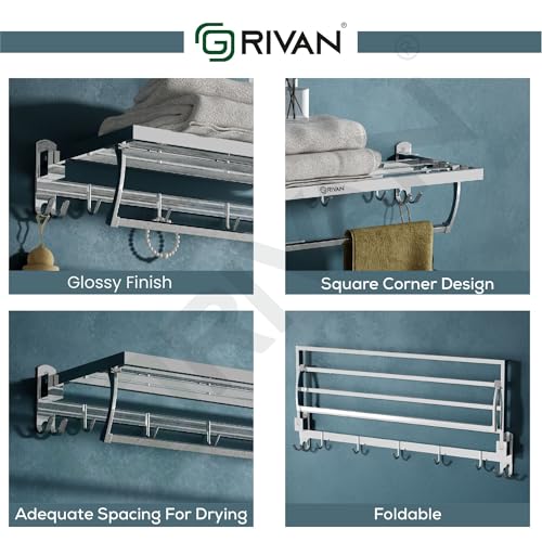 Image of GRIVAN Premium Stainless Steel 24 Inch Foldable Towel Rack /Shelf /Stand for Bathroom, Towel Holder with Hooks and Hanger (Silver Chrome Finish)