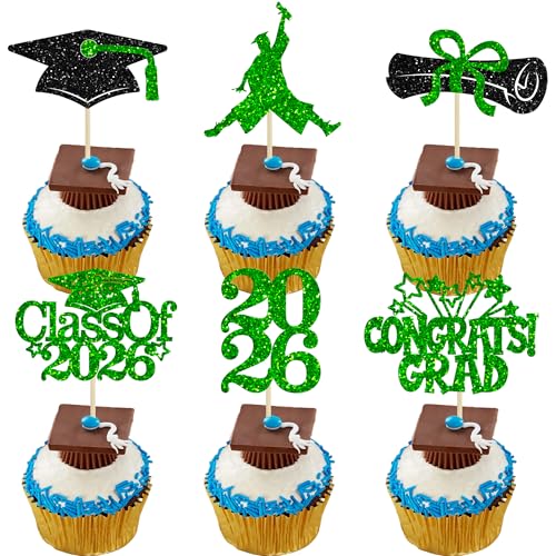 Gyufise 24Pcs 2026 Graduation Cupcake Toppers Glitter Class of 2026 Congrats Grad Cupcake Pick Decorations for 2026 Graduation Theme Birthday Party Supplies Black Green