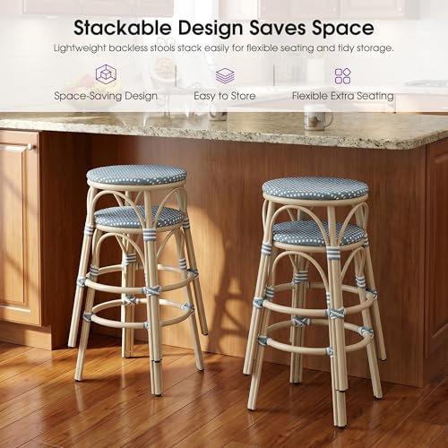 Image of PURPLE LEAF Outdoor French Round Bar Stool Set of 2 Oversized 30 inch Armless Rattan Barstools White Print Aluminum Footrest for Patio Yard Island Kitchen Bistro Wicker Chairs Soft Blue