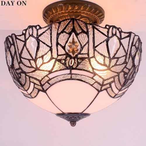 WERFACTORY Tiffany Ceiling Light Fixture Crystal Bead White Stained Glass Semi Flush Mount Lamp Wide 12 Inch, Height 11 Inch S508W Series by WERFACTORY - Image 6