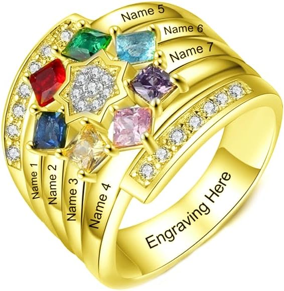 10k 14k 18k Solid Gold Mother Ring with 7 Birthstones Personalized Custom Family Name Ring Customize Name Real Gold Custom Multiple Name Rings for Women Mom Wife Mother's Day Birthday Gifts