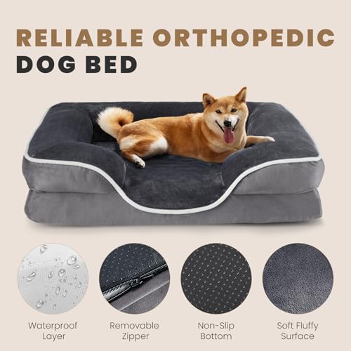 Image of NEWBULIG 42x32 Inch Orthopedic Dog Bed Large Sized, Large Sized Dog Couch /Sofa Bed with Washable Cover, Waterproof, Foam, Soft Fluffy Surface for Indoor Cats, Gray