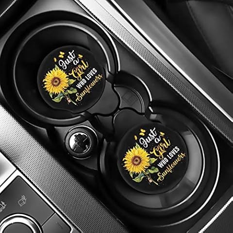 Dremagia 2 Pack Sunflower Car Coasters, 2.8 inch Felt Rubber Cup Holder for Car Interior Accessories, Non Slip Car Coasters Cover