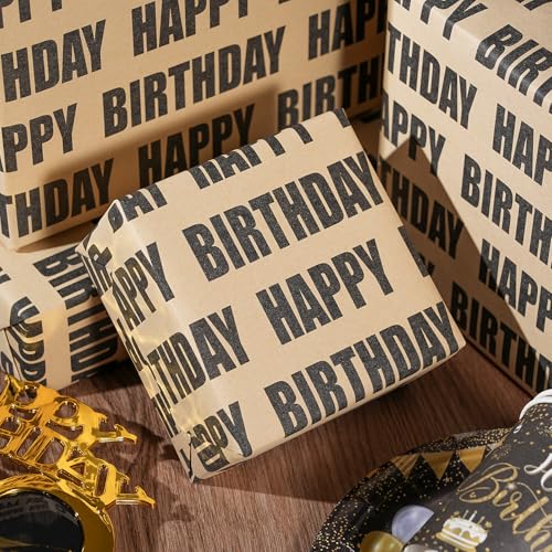 Ulmasinn Vintage Birthday Wrapping Paper Roll - 17" x 16.4 Ft Kraft Paper with Black Print & Grid Lines, for Men Women Kids Gifts, Party