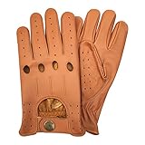 bmw cabrio handschuhe Knopfverschluss PRIME LEATHER TOP QUALITÄT WEICHES ECHTLEDER HERREN OHNE FUTTER FAHRHANDSCHUHE RETRO HANDSCHUH IN ZEHN SCHÖNE FARBEN 507 - Hellbraun, Small