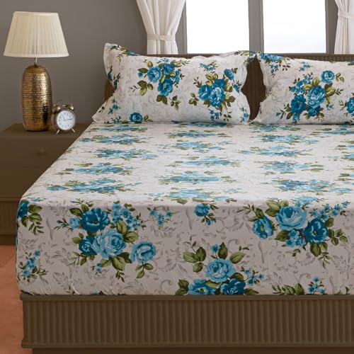 Image of Swayam Pure Cotton King Fitted Bedsheet with 2 Pillow Covers | Size 72 x 78 x 10 inch | 160 TC | Floral Design | Soft Breathable Bed Sheet | Comfortable & Durable for Bedroom - White & Blue
