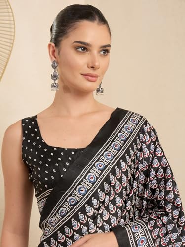 Image of AKHILAM Women's Soft Dola Silk Ajrak Printed Ready To Wear one Minute Saree With Unstitched Blouse Piece