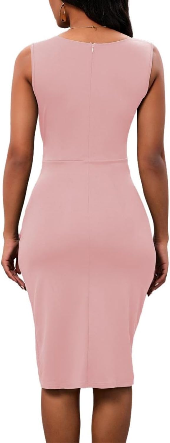 PerZeal Women's Sexy V Neck Sleeveless Bodycon Dress Cocktail Evening Party Wedding Guest Work Faux Wrap Ruched Midi Dresse