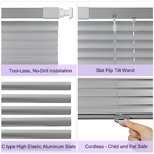 Raoot Mini-Cordless Horizontal-Blinds For Windows, No Tools No-Drill Window Blinds 24" W X 64" H Inside Mount Window - Shades With Tilt Wand, Light Filtering Vinyl-Blind (Silver Grey) #TOP1