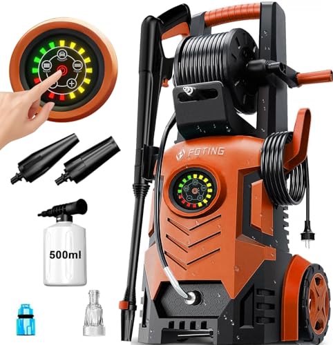 Hidrolimpiadora de Alta Presión Pantalla táctil 8 Niveles, Regulable Presión: 100-200 Bares, Caudal: 280-500 l/h, Hogar, Jardín o Coche, Rendimiento: 60 m²/h, Pistola y Manguera, Lanza, Boquilla Turbo