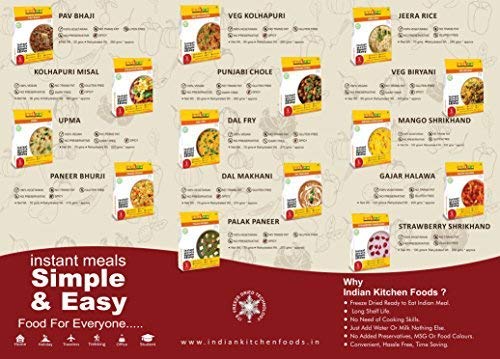 Image of Indian Kitchen Foods Each Packet of Chole, Dal Fry, Dal Makhani, Paneer Bhurji, Veg. Kolhapuri, Palak Paneer,Pav Bhaji, Freeze, Dried, Gluten-Free, Ready to Eat Food, Curry Combo, 7 Count