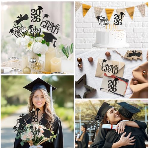 Image of Graduation Decorations 2026, 24 PCS Class of 2026 Double-Sided Centerpieces with Sticks, Black Glitter Grad Table Toppers and Party Supplies for Cake or Photo Booth