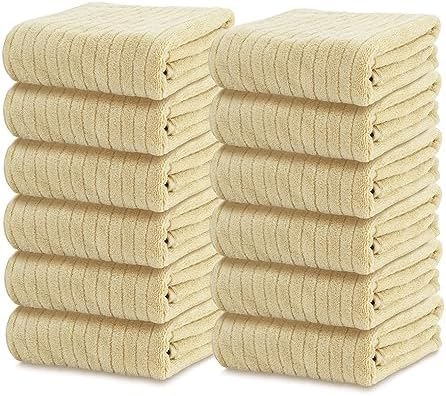 kimteny Stripe Kitchen Cloth Dish Towels, 13×28 Inches Premium Dishcloths, Super Absorbent Coral Velvet Microfiber Cleaning Cloth, Fast Drying Rags for Washing Dishes (12 Pack, Beige)