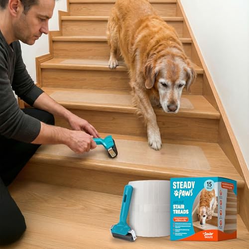 Steady Paws Clear Anti-Slip Stair Treads Transparent Adhesive Stair Strips for Dogs Cats & Elderly Pets Non-Slip Step Traction Pads for Pet Safety Easy to Apply & Remove 15 Pack (24 x 6)