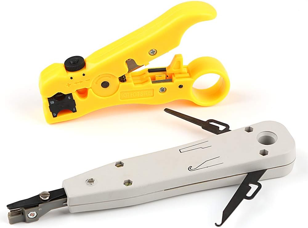 Punch Down Tool, Wire Stripping Tool Cable Stripper Cutter Wire Stripping Tool for Flat or Round UTP Cat5 Cat6 Coax Coaxial Wire Stripper (Yellow)