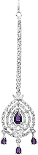 Rhodium Plated American Diamond Maang Tikka for Women &amp; Girls | CZ Studded Bridal Matha Patti | Small Traditional Forehead...