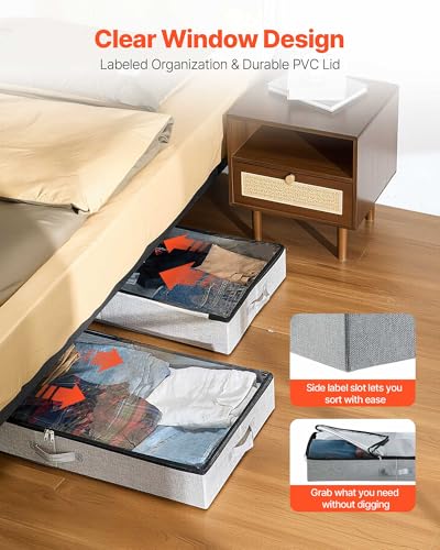 Image of VEVOR Under Bed Storage with Clear Lids, 33.5 x 16.9 x 4.7 Inch, 45L Large Underbed Clothes Storage Containers, Low Profile Under Bed Drawer Shoe Organizer Bins Box for Blanket Shoe Bedroom, 2 Pack
