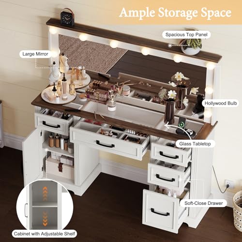 55-Farmhouse-Vanity-Desk-with-Large-Mirror-Lights-Glass-Top-Large-Makeup-Vanity-Table-with-10-Hollywood-Lights-Bulbs-Charging-Station-5-Drawers-Dressing-Table-for-Bedroom-Rustic-White 55 Farmhouse Vanity Desk with Large Mirror Lights Glass Top Large Makeup Vanity Table with 10 Hollywood Lights Bulbs Charging Station 5 Drawers Dressing Table for Bedroom Rustic White