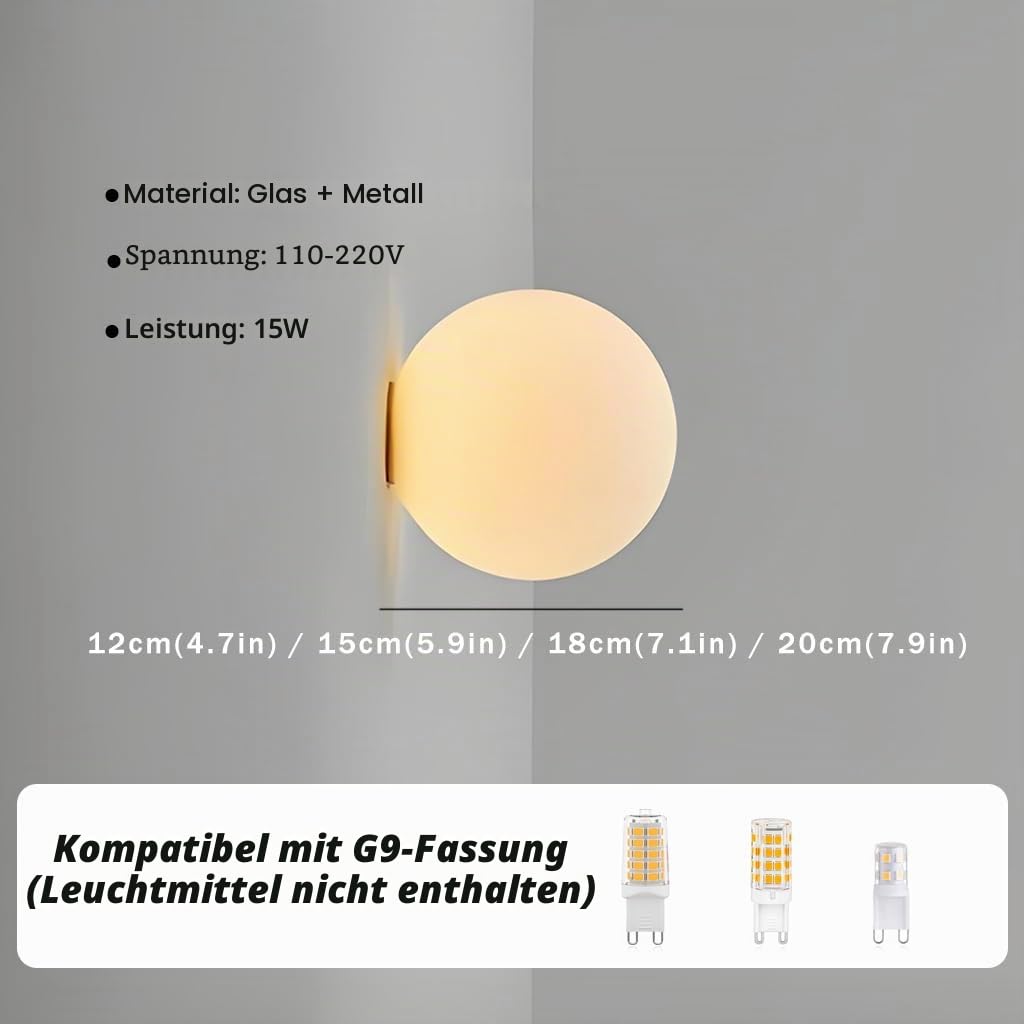 YUPIN Nordische Runde Wandleuchte Mit Weißem Glasschirm G9 Moderne Kugelförmige Wandlampe Für Badezimmer Wabi-Sabi Minimalistische Wandbeleuchtung Für Schlafzimmern Wohnzimmern Esszimmern(Matte,15cm)
