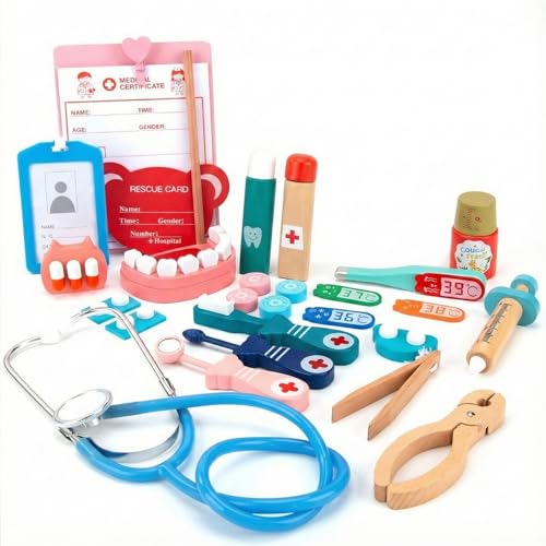 Image of WUDLY Wooden Doctor Set for Kids Gift, Dentist Pretend Play Toy with Working Stethoscope, Thermometer, Dental Model & Carry Bag, Screen-Free Medical kit for Boys & Girls