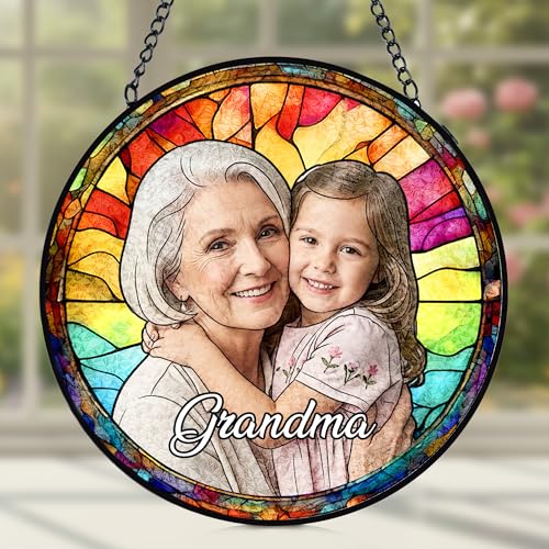 Personalized Grandma Stained Glass Windows Hanging, Family Picture Suncatcher Ornament, Custom Photo Gift, Birthday Grandparents Mom Gifts