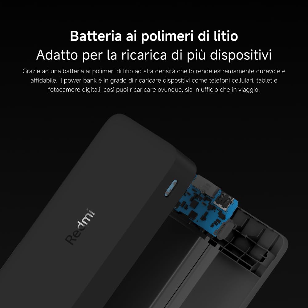 Redmi Power Bank da 20000 mAh, ricarica rapida, ricarica rapida bidirezionale da 18 W, doppia porta di ingresso e uscita, 74 Wh ad alta capacità, batteria esterna compatibile con iPhone