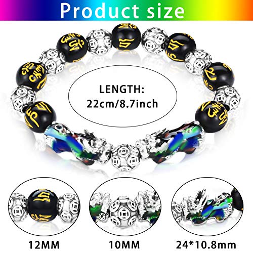 Image of Hicarer 2 Pcs 12 mm Feng Shui Good Luck Bracelets Hand Carved Black Amulet Bead Pi Xiu Chinese Bracelet for Attracting Wealth and Good Luck for Women Men