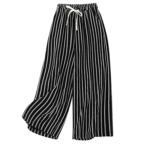 FZYLQY Women's Casual Cotton Linen Pants Striped High-Waist Wide-Leg Slacks Lightweight Palazzo Capri Culotte Pants