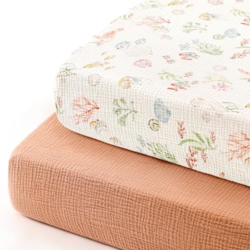 Image of GRSSDER 100% Cotton Muslin Crib Sheet 2 Pack - Breathable & Ultra-Soft Fitted Crib Sheets for Standard Baby & Toddler Mattresses, 52 inchx28 inch with 9 inch Deep Pocket, Snug Fit All-Around Elastic