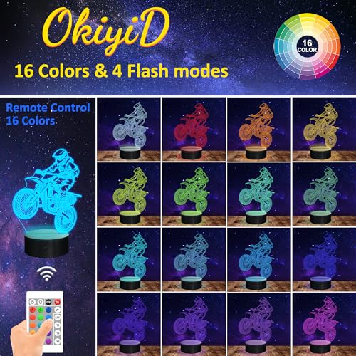 Image of OkiyiD Dirt Bike Gifts for Boy, 3D Illusion Lamp, 3D Dirt Bike Night Light with 16 Colors Remote and Touch Control, Motor Bike Decor for Kids Room, Girls Birthday Gifts