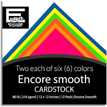 NEON GLOW Encore Paper Variety Pack - 12 Sheets | 12x12 Cardstock | 80 lb Cover 216 gsm | Smooth Surface | 6 Neon Colors, Glows Under Black Light