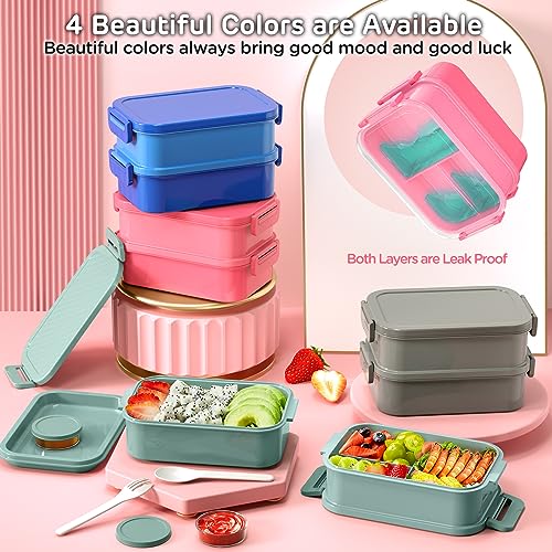 Image of DaCool Adults Bento Box Lunch Box - Stackable All-in-One Leakproof Bento Lunch Box for Adults Women Girls 74 OZ Large Lunch Containers with Fork Spoon Sauce Boxes for Work School Dining Out, Pink