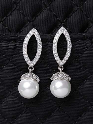 Image of CLARA 925 Sterling Silver Pearl Earrings | Rhodium Plated, Swiss Zirconia, Screw Back | Gift for Women & Girls