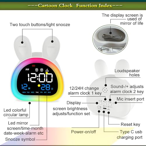 LED Rabbit Intelligent Alarm Clock for Kids Girs with Touch function and Night,Multi-colors lamp,Dynamic RGB lamp modes,Bluetooth auto Sync to time,Sound Control,Mirror Surface and Rechargeable.White