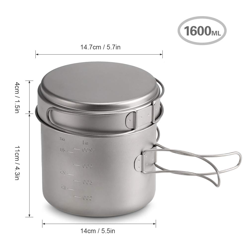Lixada Zestaw garnków z czystego tytanu, 1100 ml / 1600 ml + patelnia 350 ml / 500 ml, Φ125 x 102 mm, ze składanym uchwytem, na kemping, wędrówki (1600 ml + patelnia)