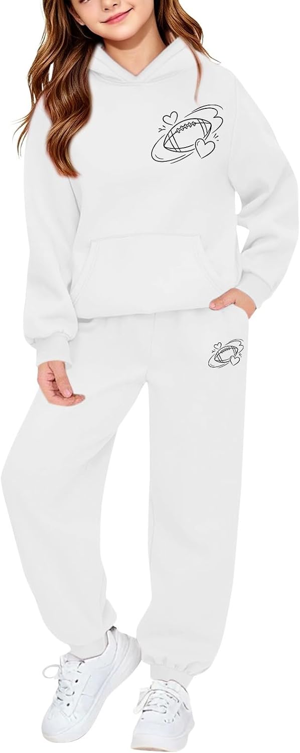 Football Sweatsuit for Kids 2 Piece Outfit Teen Oversized Fall Tracksuit Cute Heart Line Print Hooded Sweatshirt Elastic